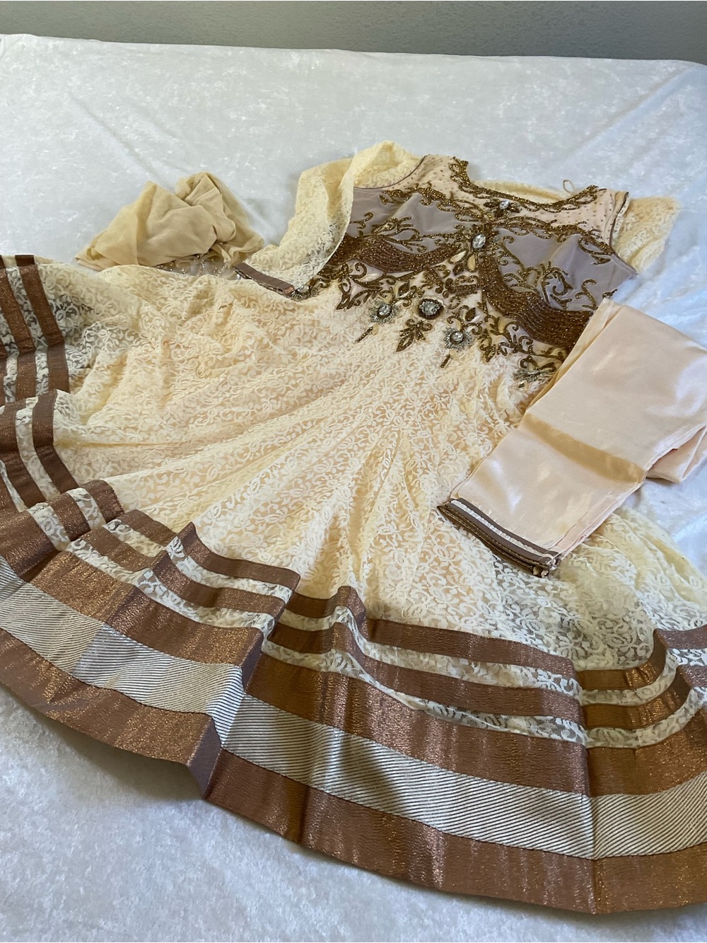 Cream and Bronze Embroidered Girls Party Salwaar Kameez Anarkali Dress